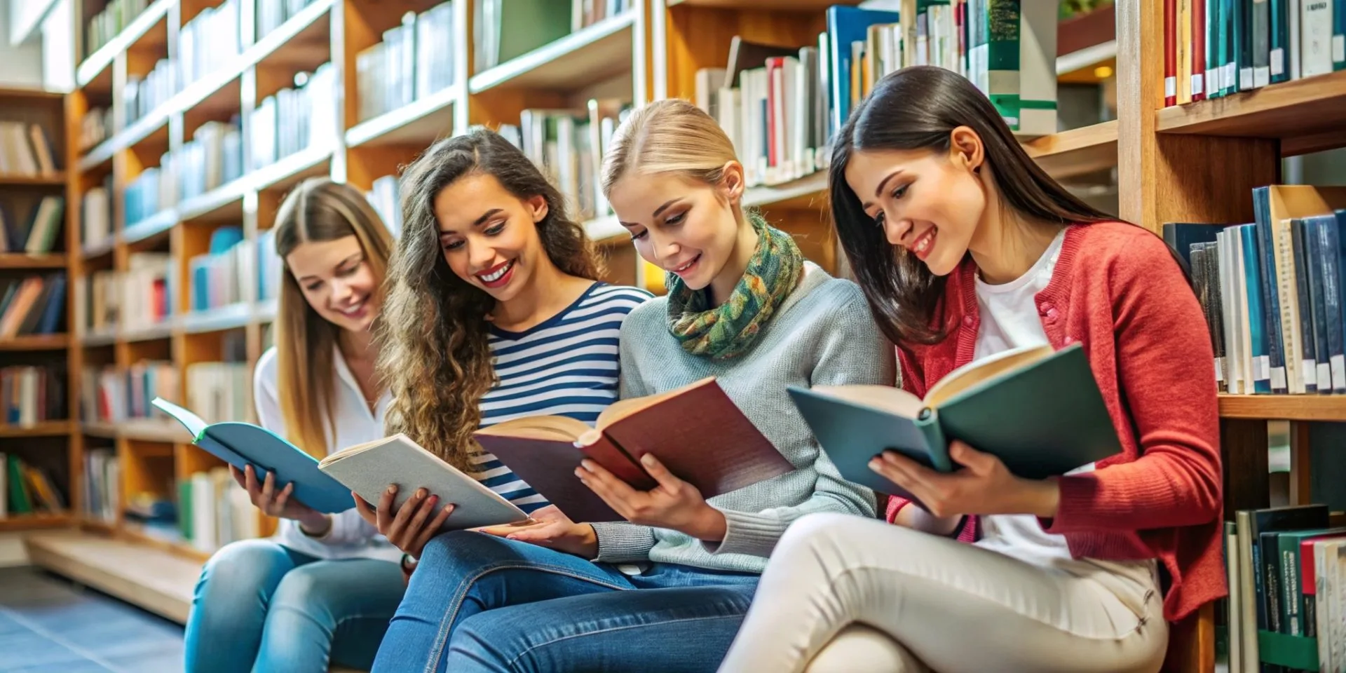 Four people reading open books together among library shelves