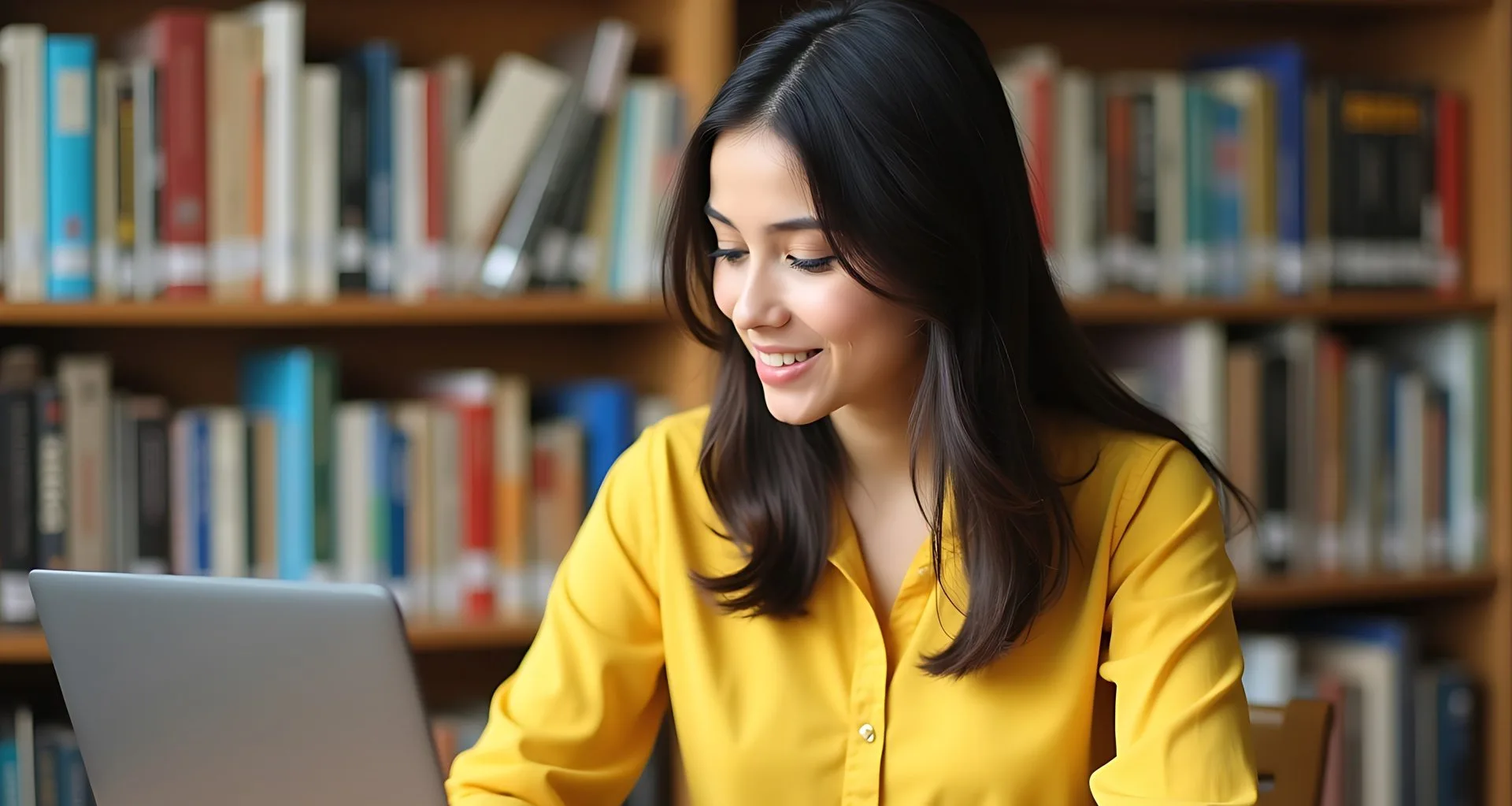 A professional studying at a laptop among library shelves